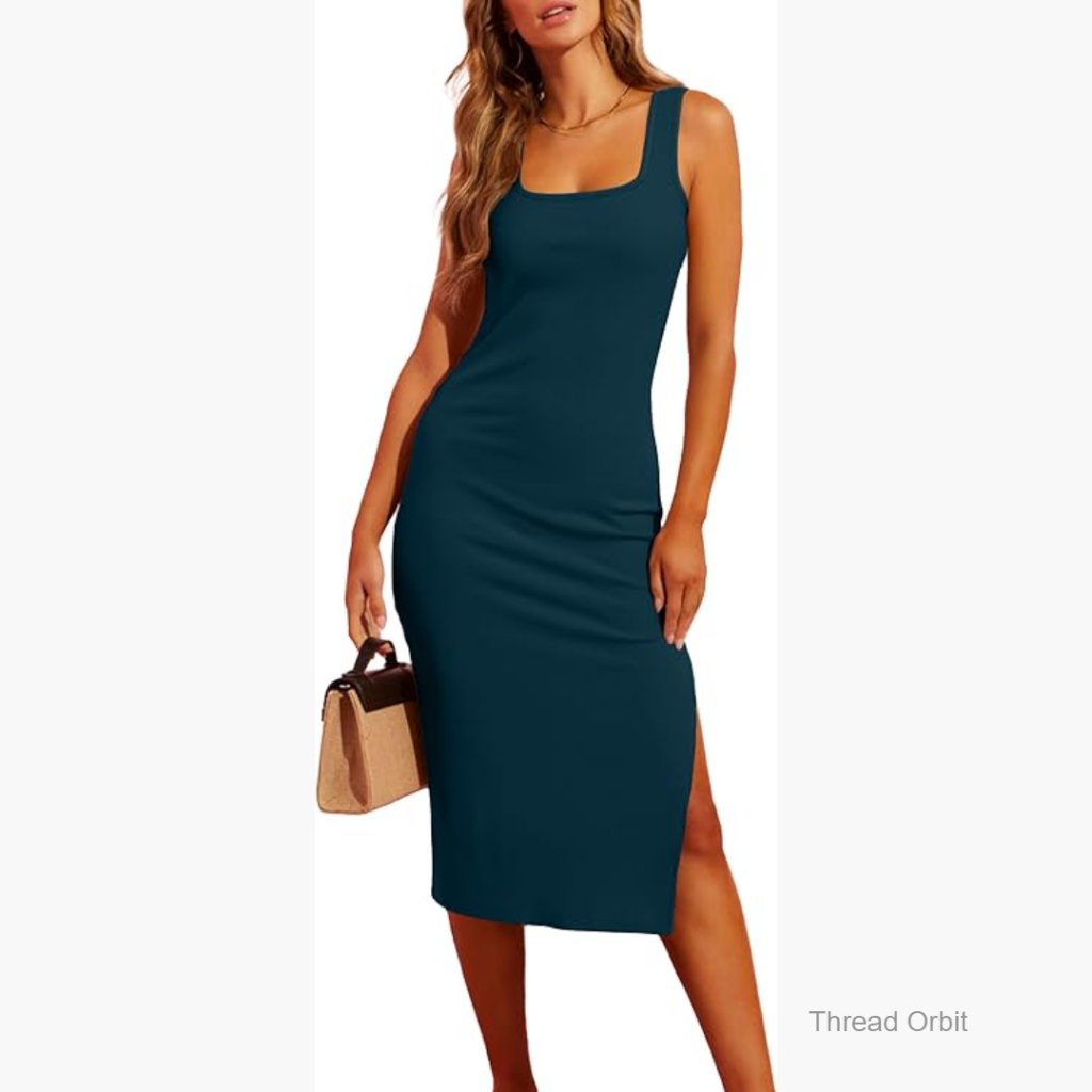 Midi Bodycon Dress Square Neck Side Slit Ribbed Knit Slim Fit Sleeveless